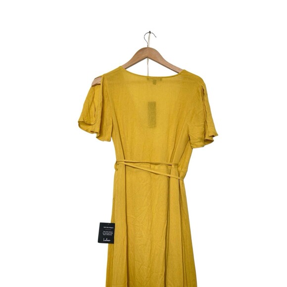 Lulus Womens Small S Mustard Wrap Flutter Sleeve Flowy Belted Maxi Dress NWT - Picture 8 of 16